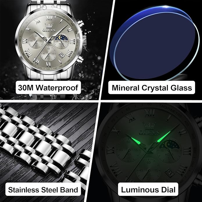 OLEVS Mens Stainless Steel Chronograph Watch, Big Face Roman Numerals Date Analog Quartz Dress Watches for Men, Fashion Multifunctional Waterproof Luminous Hands Men's Wristwatch