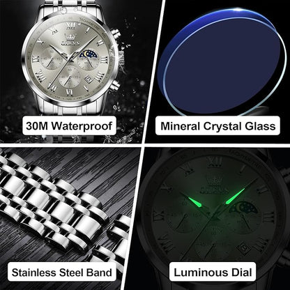 OLEVS Mens Stainless Steel Chronograph Watch, Big Face Roman Numerals Date Analog Quartz Dress Watches for Men, Fashion Multifunctional Waterproof Luminous Hands Men's Wristwatch