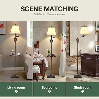 Traditional LED Floor Lamp with 350° Adjustable Swing Arm Lamp – Vintage Standing Pole lamp for Living Room, Bedroom and Office – Rustic Upright Floor Light for Home Décor with Silk Fabric Shade
