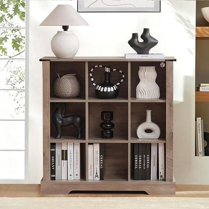 9 Cube Storage Organizer with LED Lights, Wooden Bookcase with Storage, Modern Cube Shelf for Living Room, Bedroom, Home Office - Grey