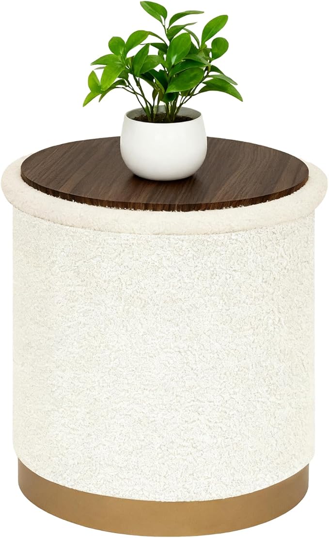 B FSOBEIIALEO Ottoman with Stroage, Round Boucle Storage Ottoman with Gold Plating Base,Foot Rest Stool for Dorm Room, Living Room White, 16.73"x16.73"x17.72"