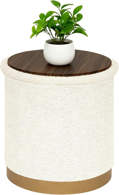 B FSOBEIIALEO Ottoman with Stroage, Round Boucle Storage Ottoman with Gold Plating Base,Foot Rest Stool for Dorm Room, Living Room White, 16.73"x16.73"x17.72"