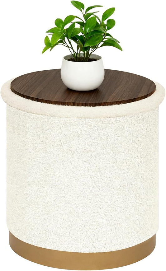 B FSOBEIIALEO Ottoman with Stroage, Round Boucle Storage Ottoman with Gold Plating Base,Foot Rest Stool for Dorm Room, Living Room White, 16.73"x16.73"x17.72"