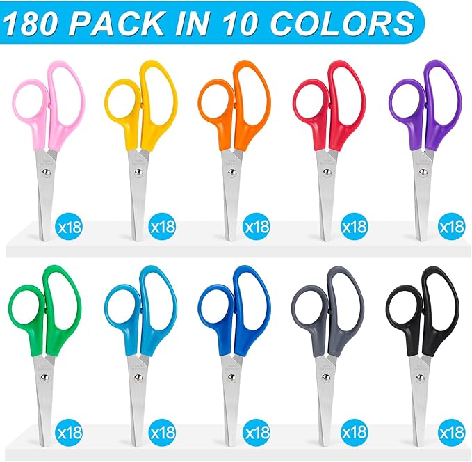TooyBing 180 Pack Kids Scissors, 5 Inch Contemporary Style, Stainless Steel Blunt Tip Safety Scissors for School, Craft, Office, Home