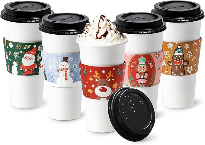 Fit Meal Prep 50 Pack 24 oz Christmas Coffee Cups with Lids Disposable, Sleeves, Leak-Proof To Go Coffee Cups with Lids, Durable Holiday Paper Cups