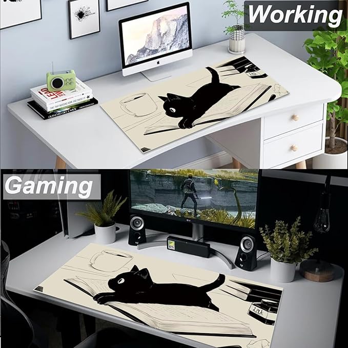 Gaming Mouse Pad XL Extended Anime Mouse Pad 31.5x11.8inch, Large Cute Kawaii Big Computer Mouse Mat Desk Pad Home Office-Black Reading Cat