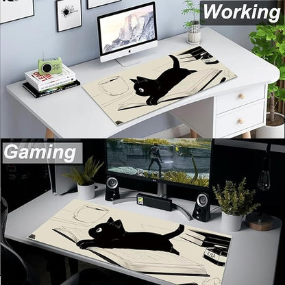 Gaming Mouse Pad XL Extended Anime Mouse Pad 31.5x11.8inch, Large Cute Kawaii Big Computer Mouse Mat Desk Pad Home Office-Black Reading Cat