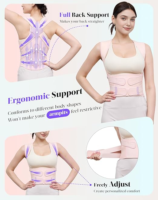 Posture Corrector for Women and Men, 5 Full Back Support Brace Rods, Adjustable Shoulder Straightener, FSA&HSA Eligible, Relief for Upper and Lower Back, Lumbar, Neck Pain (Pink, Medium)