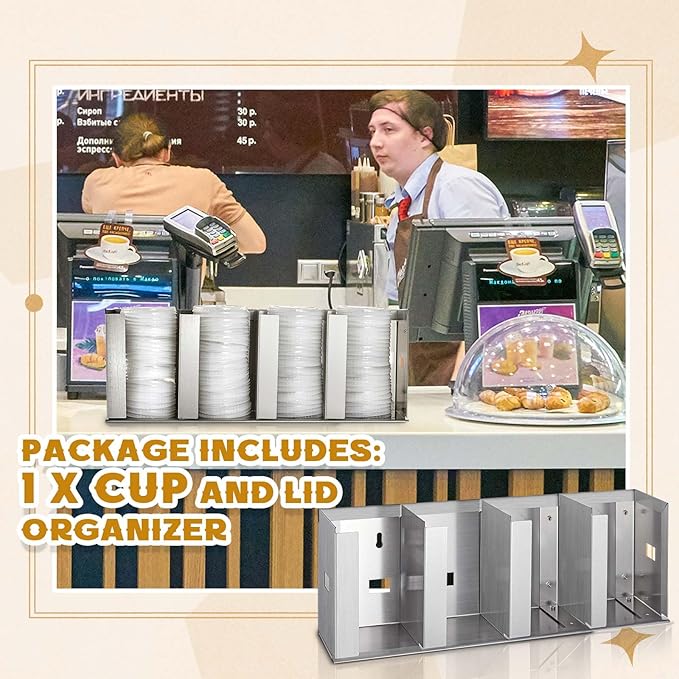 Hicarer 4 Compartments Stainless Steel Cup Dispenser with Adjustable Dividers Silver Cup and Lid Holder Lid Organizer Storage for Cabinet Kitchen Cafe Tea Shop Restaurant, Silver