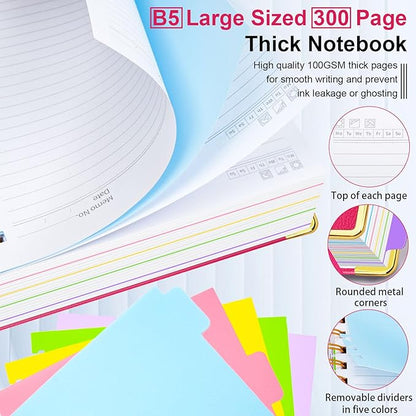 Hardcover Spiral Notebook 8"x10" Journal Notebook with Tabs and Removable Dividers 300 Pages 5 Subject Notebook College Ruled, Faux Leather Spiral Bound Notebook for Women School Work (Rose Red)