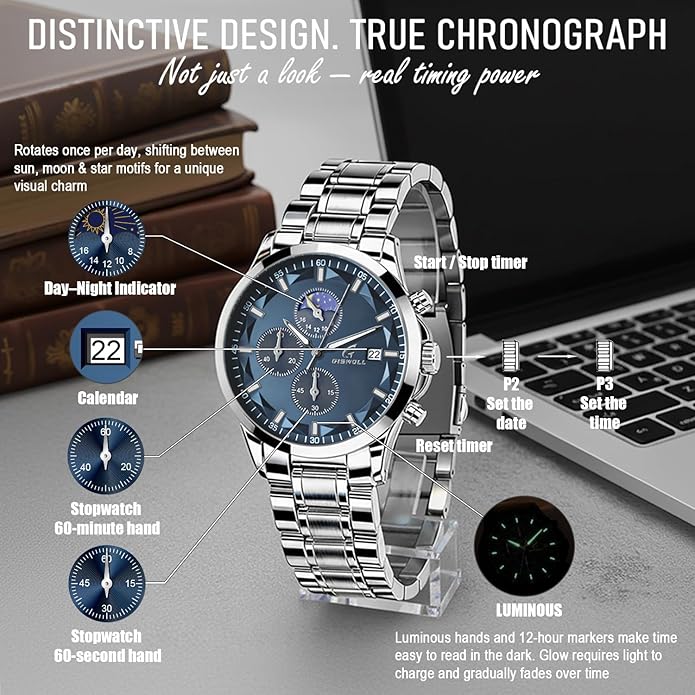 Distinctive Mens Analog Chronograph Watches with Auto Date & Multi Subdials, Fashion Casual Sport Quartz Wrist Watches with Luminous, 3ATM Waterproof, Valentines Day Gifts for Him, Boyfriend, Husband, Dad