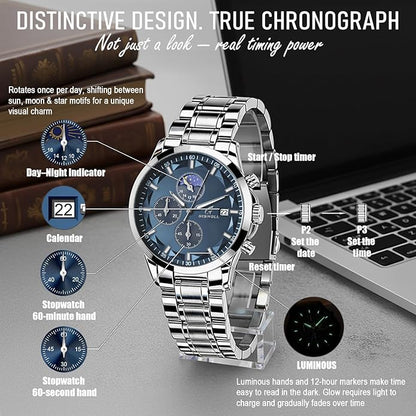 Distinctive Mens Analog Chronograph Watches with Auto Date & Multi Subdials, Fashion Casual Sport Quartz Wrist Watches with Luminous, 3ATM Waterproof, Valentines Day Gifts for Him, Boyfriend, Husband, Dad