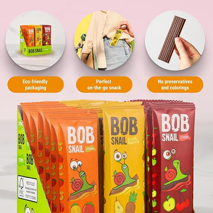 BOB SNAIL Healthy Organic Fruit Snacks for Kids and Adults – 30 Organic Fruit Leather Snacks with Persimmon, Pear-Pineapple,Cherry – Vegan Low-Carb Variety Pack Strips for Kids – Sugar Free Jerky Bars