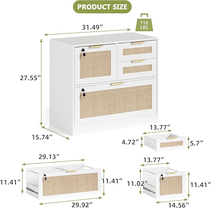 HOPUBUY Lockable 4 Drawers File Cabinet, Lateral Filing Cabinet with Printer Stand for Home Office and School, Wood Rattan File Cabinet for Hanging Files/Letter/Legal/A4/F4 Size, Oak Color (White)