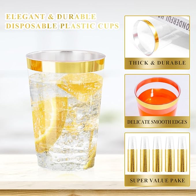 Nervure 120PCS Gold Rim Plastic Cups - 12oz Heavy Duty Plastic Cups - Fancy Clear Disposable Cup with Gold Rimmed for Wedding, Birthday, Party