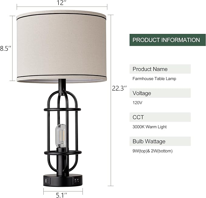 Black Table Lamps for Living Room Set of 2, 22.3" Farmhouse Lamps for Nightstand, Industrial Table Lamps for Bedroom with USB Ports, Bulbs Included