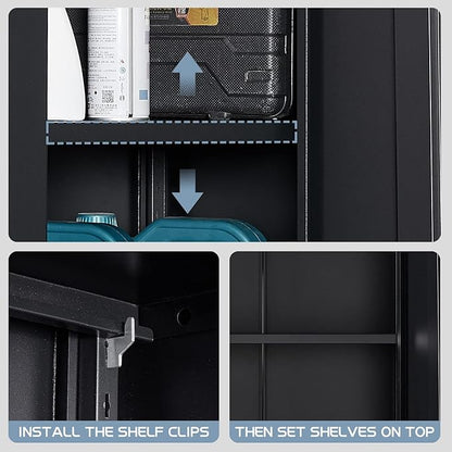 LUCYPAL Metal Wall Storage Cabinet with 2 Locking Doors and Adjustable Shelves,Garage Wall Cabinets,Steel Lockable Storage Cabinet for Home Office,Garage,Warehouse Black