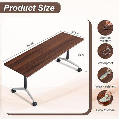 Folding Conference Table,Conference Table with Wheels,Large Flip-Top Training Table,Freely Combinations,Easy to Move for Offices, Schools,Training Rooms（4,Walnut,71in