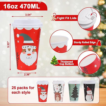 100 Pack 16 oz Christmas Coffee Cups with Lids, Disposable To Go Paper Coffee Cups for Hot/Cold Drinks Office Home Shop Event (Colorful)