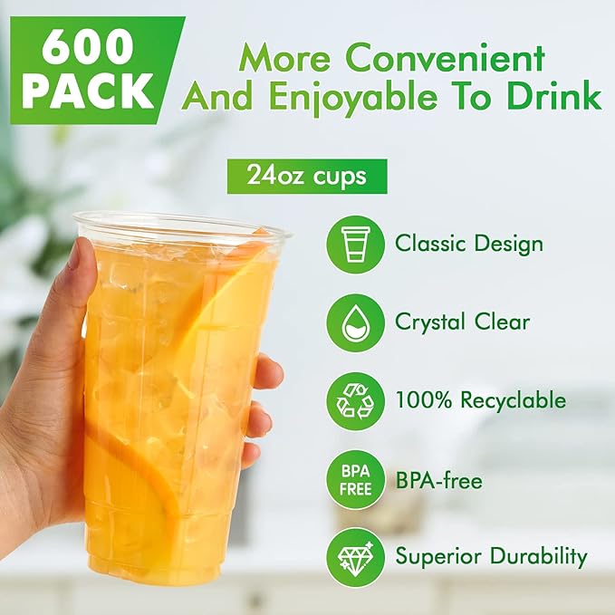 Lilymicky 600 Pack 24 oz Clear Plastic Cups, PET Disposable Drinking Cups, Crystal Clear, Perfect for Ice Coffee, Smoothie, Soda, or Any Cold Drinks