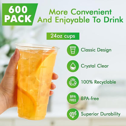 Lilymicky 600 Pack 24 oz Clear Plastic Cups, PET Disposable Drinking Cups, Crystal Clear, Perfect for Ice Coffee, Smoothie, Soda, or Any Cold Drinks