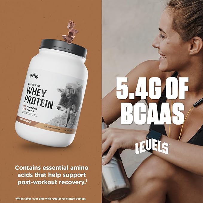 Levels Grass Fed Whey Protein Powder, No Artificials, 24G of Protein, Pure Chocolate, 2LB