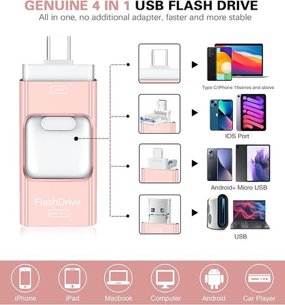 Flash Drive for iPhone 256GB, 4 in 1 USB Type C Memory Stick, Photo Stick External Storage Thumb Drive for iPhone iPad Android Computer, Rose Pink