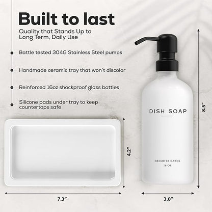 White Glass Hand and Dish Soap Dispenser Set by Brighter Barns - Kitchen Soap Dispenser Set with Tray for Kitchen, Home or Vacation Rental - Modern Kitchen Decor & Accessories (White)