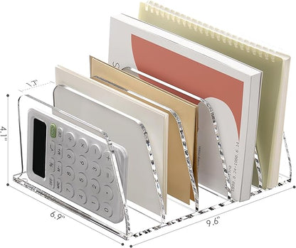 SANRUI Acrylic File Organizer for Desk, Clear 5-Section Vertical File Folder Holder Stand File Sorters, Mail Envelope Document Organization Rack Bookshelf for Office, Home, Classroom