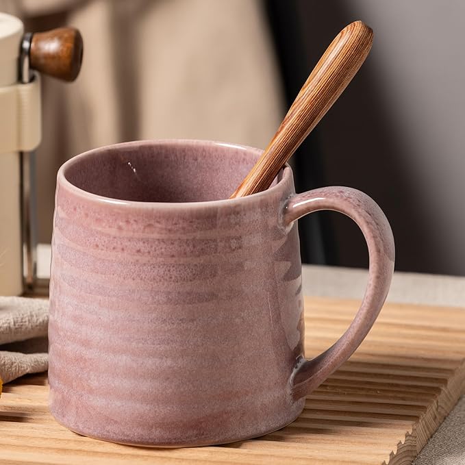 Ceramic Coffee mugs, 21 oz, Extra Large Mugs, Big Tea Cups, Large Handle, Pottery Mugs, Big Belly, Transmutation Glaze，Wide Bottom, stripe pattern, Microwave and Dishwasher Safe. (Purple