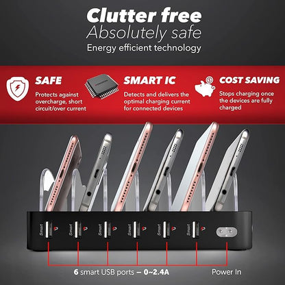 USB Charging Station - 6 Port Universal Charging Station for Multiple Devices - Multi Device Charger Dock - Compatible with Apple, iPad, iPhone, Android Cell Phones, and Tablets - Black