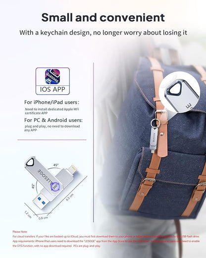 MFi Certified Flash Drive 256GB for iPhone USB Memory Stick, USB Stick High Speed Thumb Drives Photo Stick External Storage for iPhone/iPad/Android/PC