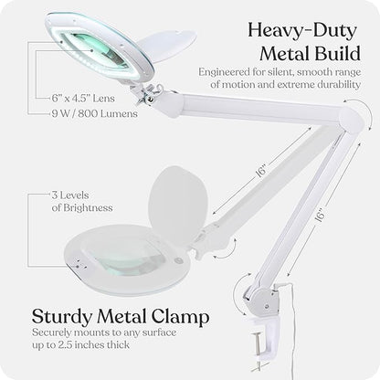 Brightech LightView Pro XL Magnifying Desk Lamp with Clamp, Adjustable Magnifying Glass with LED Light for Crafts, Reading, Close Work, Dimmable Light Magnifier with Wide Glass Lens
