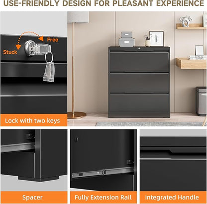 Lateral File Cabinet, 3 Drawer Lateral File Cabinet with Lock, Lockable Metal File Cabinet for Home Office, File Cabinet for Letter/Legal/F4/A4 Size (Black, 3 Drawer)