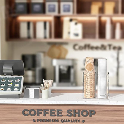 WINFFOR Disposable Cup Organizer Dispenser - 2 Compartments Clear Acrylic Cup and Lid Holder with Handles Plastic Cup Dispenser Countertop Paper Cup Holder for Coffee Bar House Party Essentials