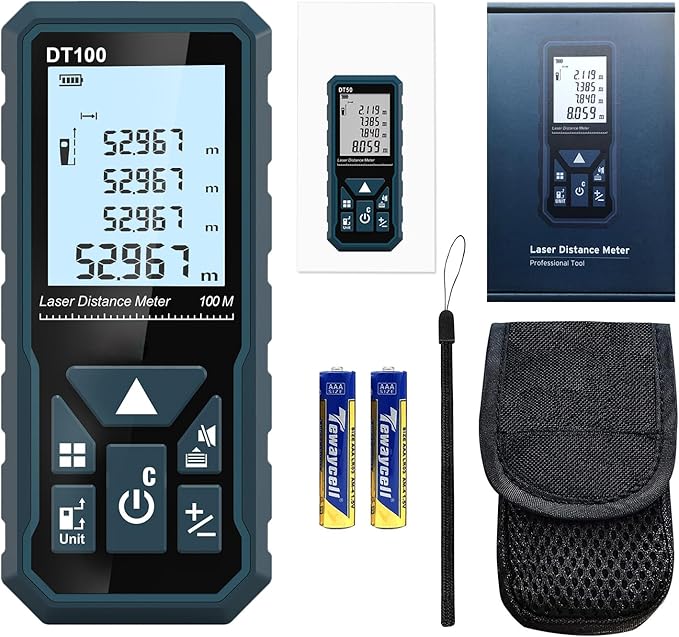 HANMATEK Laser Measure 328 Feet Digital Laser Tape Measure M/in/Ft Unit Switching Backlit LCD and Pythagorean Mode, Measure Distance, Area and Volume - Hand Strap and Battery Included DT100