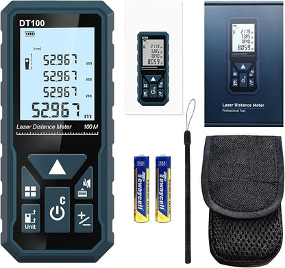 HANMATEK Laser Measure 328 Feet Digital Laser Tape Measure M/in/Ft Unit Switching Backlit LCD and Pythagorean Mode, Measure Distance, Area and Volume - Hand Strap and Battery Included DT100