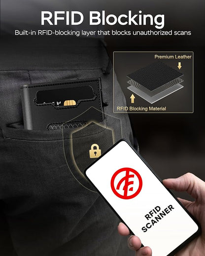 RFID Wallet for Men Compatible with AirTag, Slim Mens Wallet for Air Tag Smart Pop up Card Holder, Minimalist Wallet with ID Window & Cash Slot, Trifold Compact Metal Aluminum Card Case