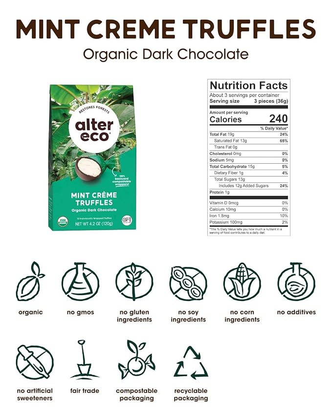 Alter Eco | Mint Creme Truffles | 58% Pure Dark Cocoa, Fair Trade, Organic, Non-GMO, Gluten Free Dark Chocolate Truffles | 40 Truffles