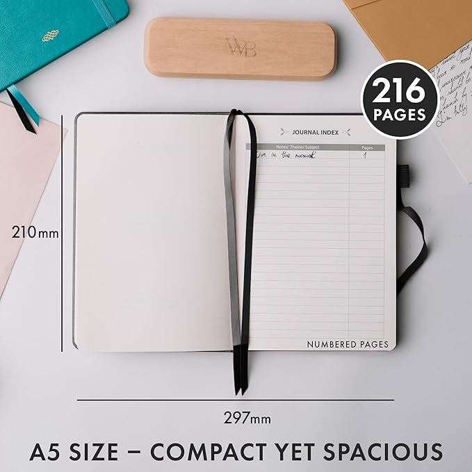Wordsworth & Black A5 Lined Journal 216 Lined Pages, Hardcover Leather, 120 GSM Paper, Journaling Notebook for Work & Sketching, Journals for Women, Men - Gifts Box Included Black