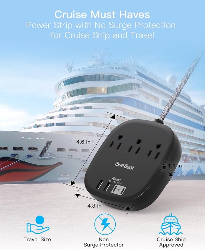 Flat Plug Power Strip, 5ft Ultra Flat Extension Cord - 3 Outlets 4 USB Ports (2 USB C) 22.5W/4.5A Desktop Charging Station, No Surge Protection for Cruise Ship, Dorm Room Travel Essentials