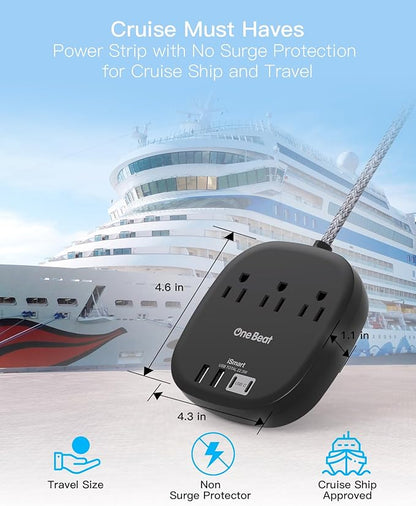 Flat Plug Power Strip, 5ft Ultra Flat Extension Cord - 3 Outlets 4 USB Ports (2 USB C) 22.5W/4.5A Desktop Charging Station, No Surge Protection for Cruise Ship, Dorm Room Travel Essentials