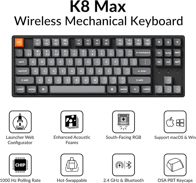 Keychron K8 Max TKL Wireless Mechanical Keyboard, QMK 2.4 GHz/Bluetooth 5.1/Wired with Aluminum Frame, RGB Backlit Hot-Swappable Programmable Keychron Super Red Switch for Mac Windows Linux
