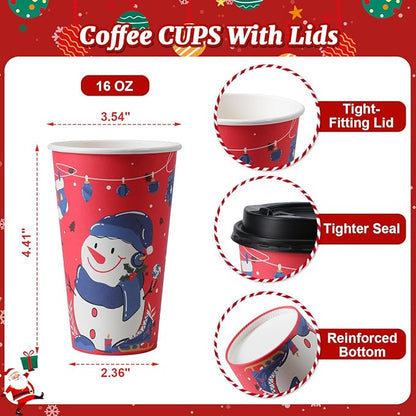 50 Pack 16 oz Christmas Coffee Cups with Lids, Holiday Disposable Paper Cups for Xmas Party Drinks, Hot Cocoa, Hot Chocolate, Cold Beverage