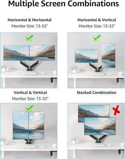 MOUNTUP Dual Monitor Stand for Desk, Gas Spring Monitor Arms for 2 Monitors 32 27 24 22 Inches, Height Adjustable Double Monitor Mount, VESA Mount with C-Clamp & Grommet Base, Holds 4.4-17.6lbs, Black