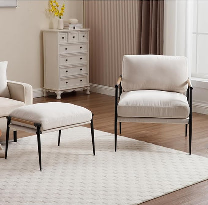 DUOMAY Mid Century Modern Accent Chair with Ottoman Set, Chenille Beige Upholstered Living Room Chair with Metal Legs Lazy Lounge Chair Set with Footrest for Bedroom Living Room