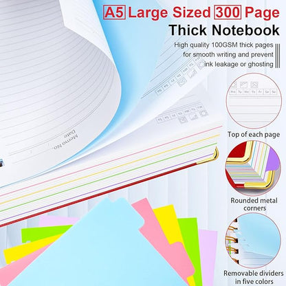 Hardcover Spiral Notebook 6.2"x 8.2" Journal Notebook with Tabs and Removable Dividers 300 Pages 5 Subject Notebook College Ruled, Faux Leather Spiral Bound Notebook for Women School Work(Red)