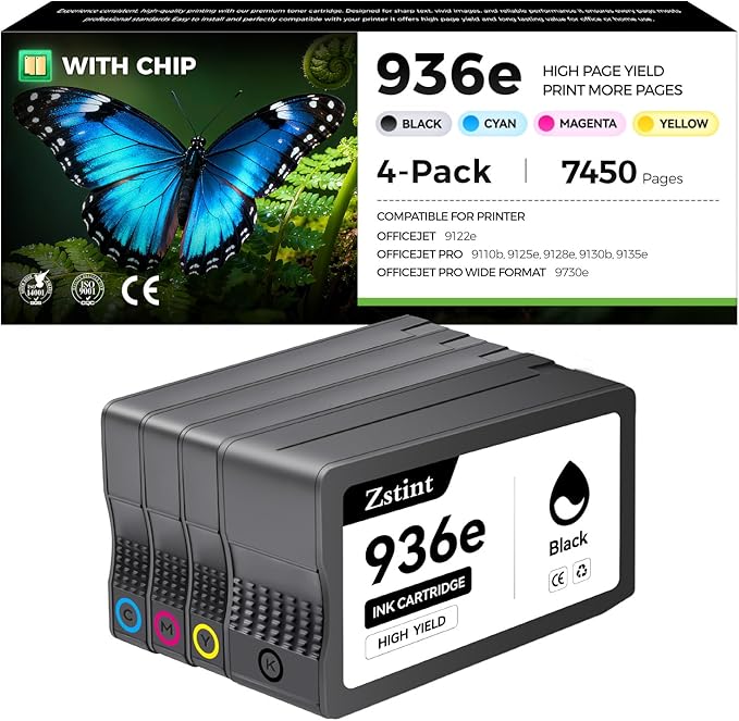 Remanufactured 936e Ink Cartridges 4-Pack with Chip Compatible Replacement for HP 936 936e Ink for HP OfficeJet Pro 9125e 9135e 9110b 9128e 9130b Wide Format 9730e OfficeJet 9122e Inkjet Printer 936XL