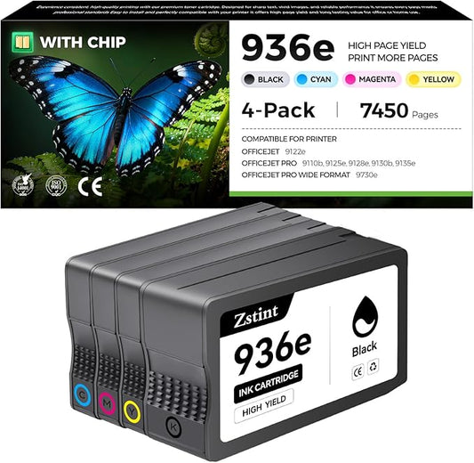 Remanufactured 936e Ink Cartridges 4-Pack with Chip Compatible Replacement for HP 936 936e Ink for HP OfficeJet Pro 9125e 9135e 9110b 9128e 9130b Wide Format 9730e OfficeJet 9122e Inkjet Printer 936XL