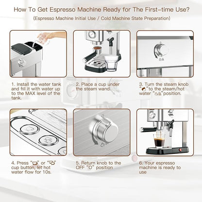 MEGAWISE Espresso Machine 20 Bar, Compact Stainless Steel Coffee Maker with Steam Milk Frother & Removable Tank for Cappuccino, Latte - Silver
